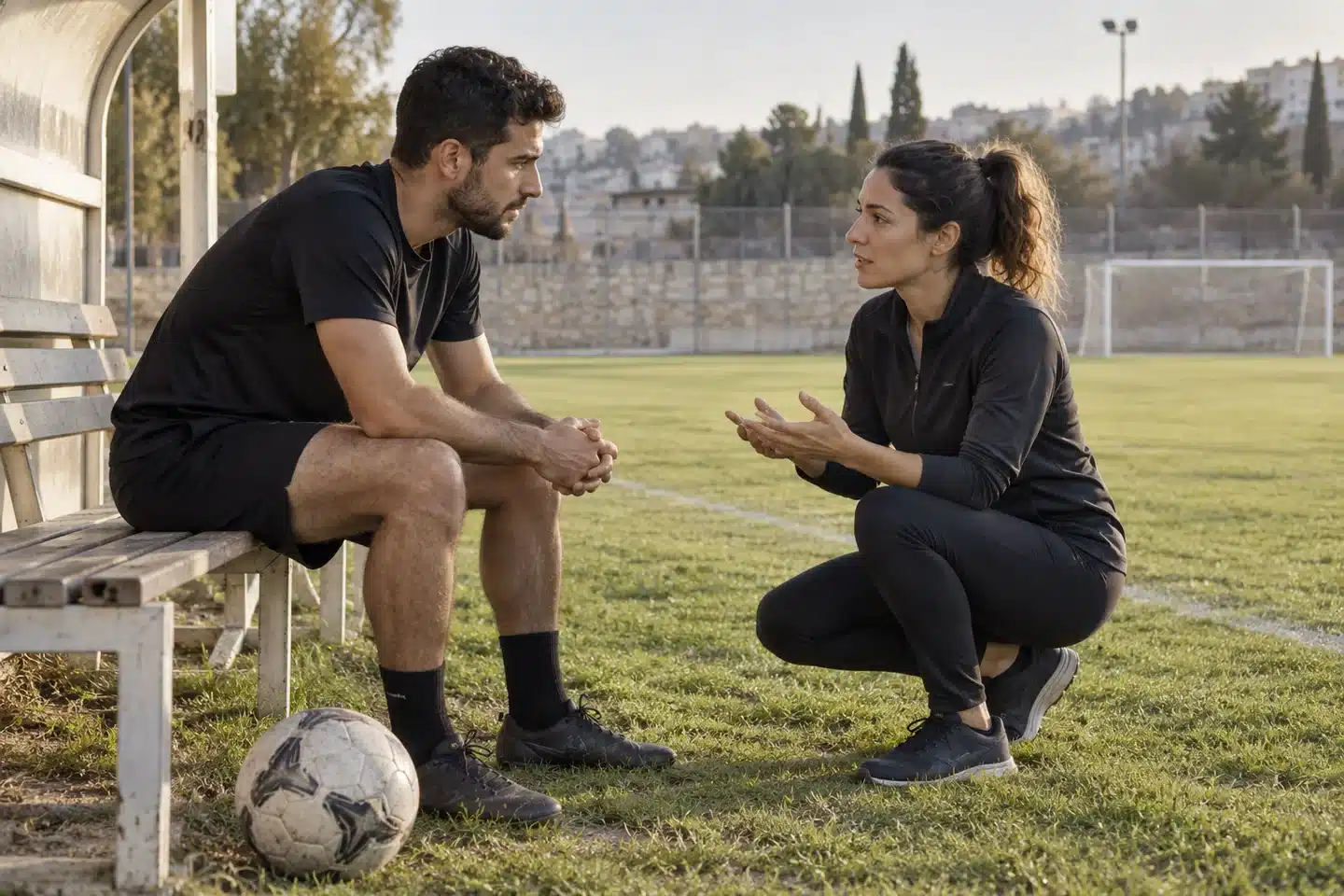 ספורטאי ופיזיותרפיסטית בשיחה לפני חזרה למגרש — המחשה — המחשת AI