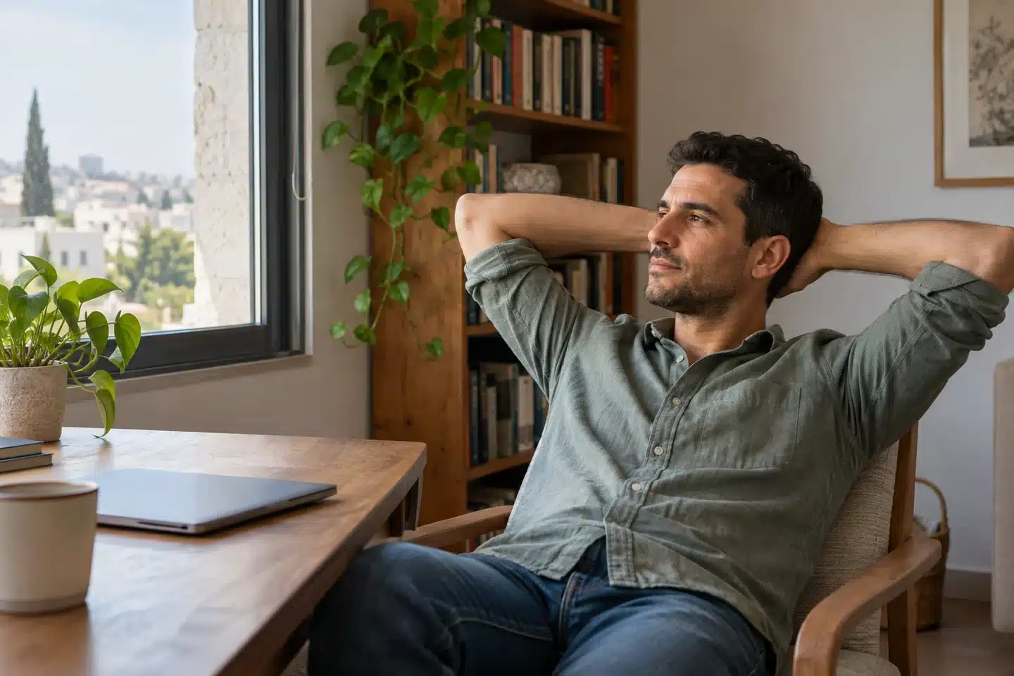 מנוחה מתוכננת באמצע יום עבודה בבית — המחשה — המחשת AI