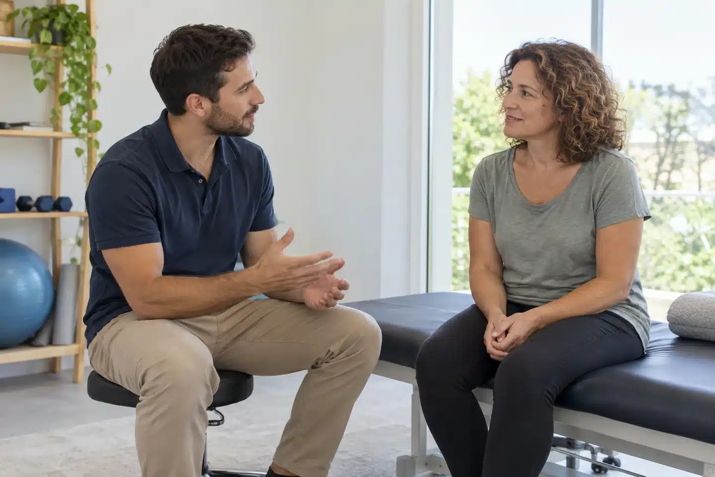 שיחת היכרות בין מטפל למטופלת בחדר פיזיותרפיה — המחשה — המחשת AI