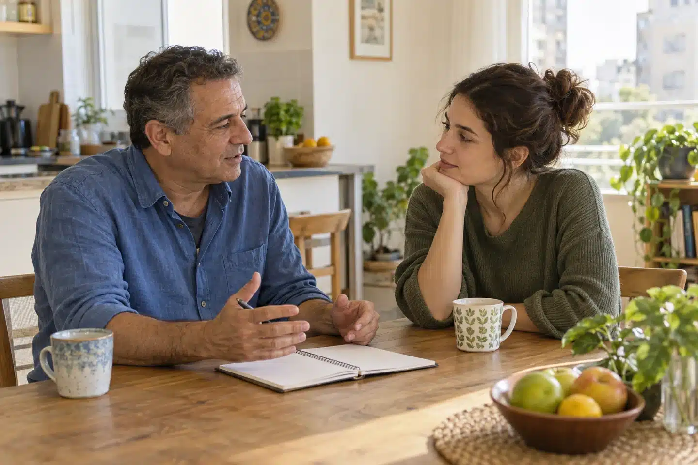 שיחה בגובה העיניים בין אב לבתו סביב שולחן — המחשה — המחשת AI