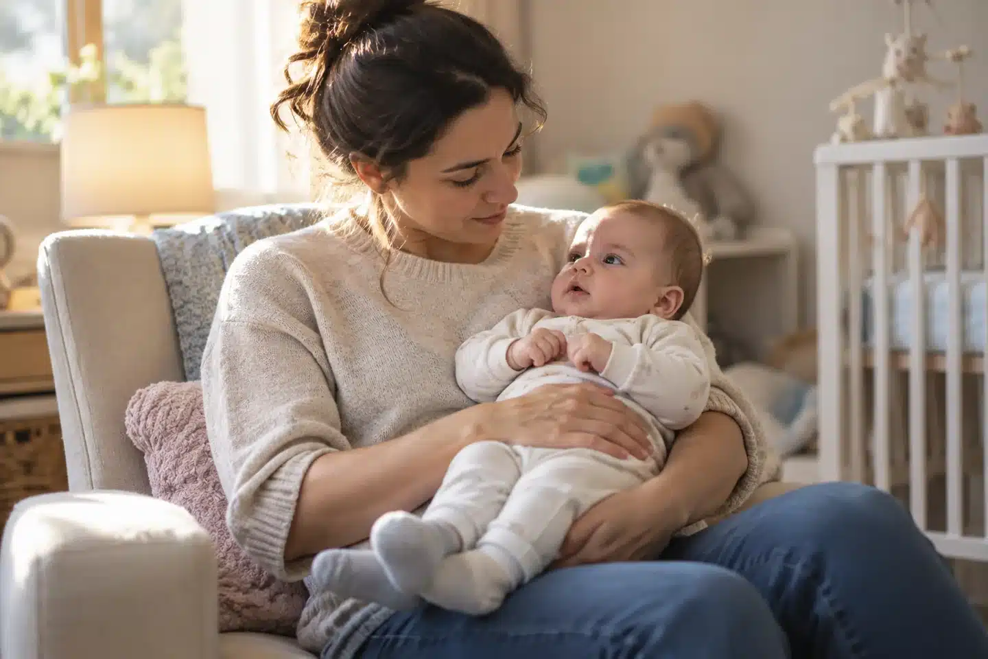הורה מחזיק תינוק בחדר ילדים — תמונת המחשה — המחשת AI