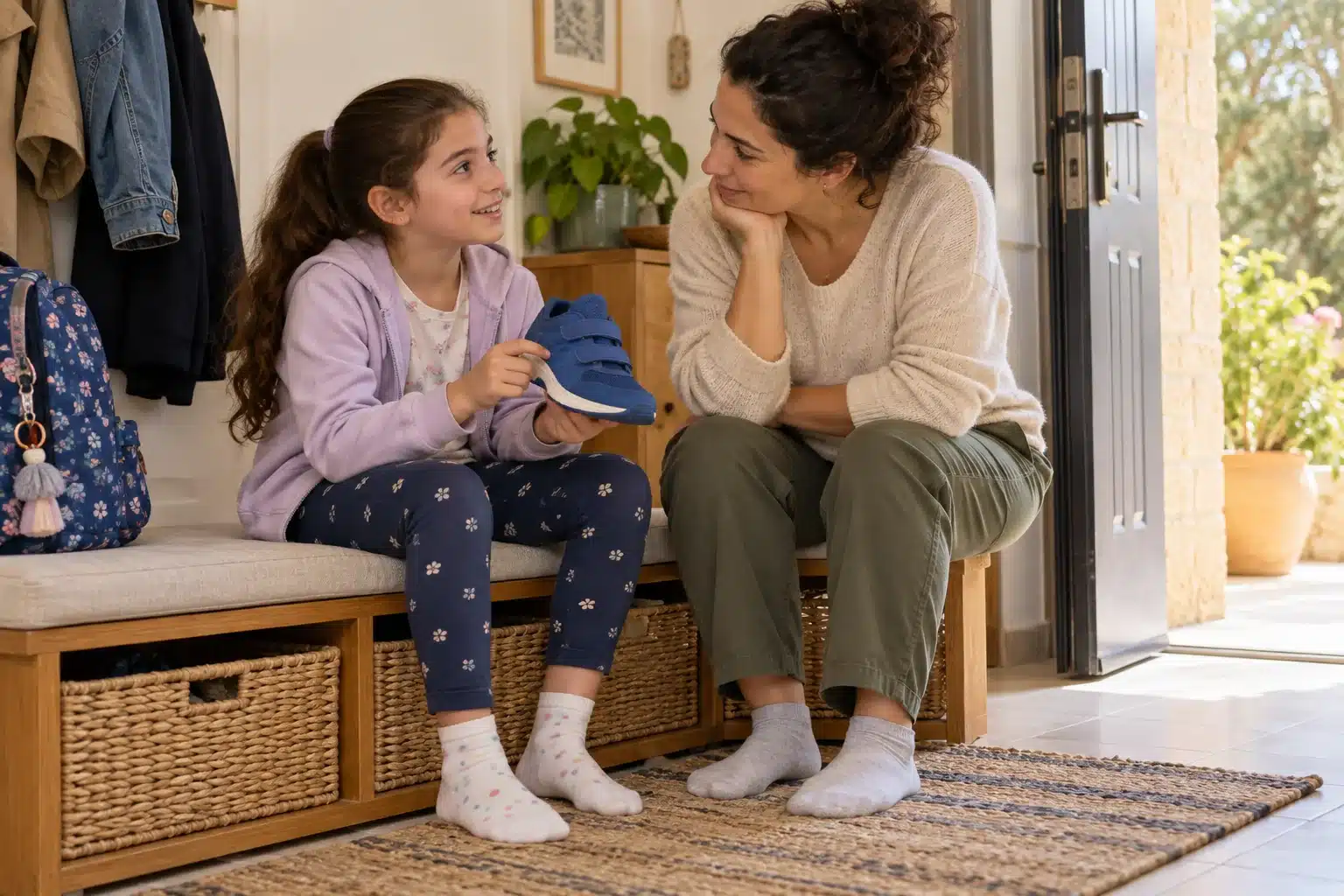 המחשה של אם וילדה מתארגנות עם נעליים בבית