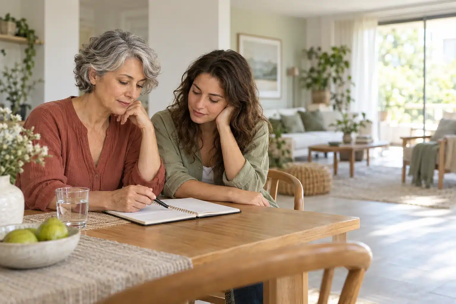 אישה ובת משפחה מתכננות יחד סדר יום בבית — המחשת AI