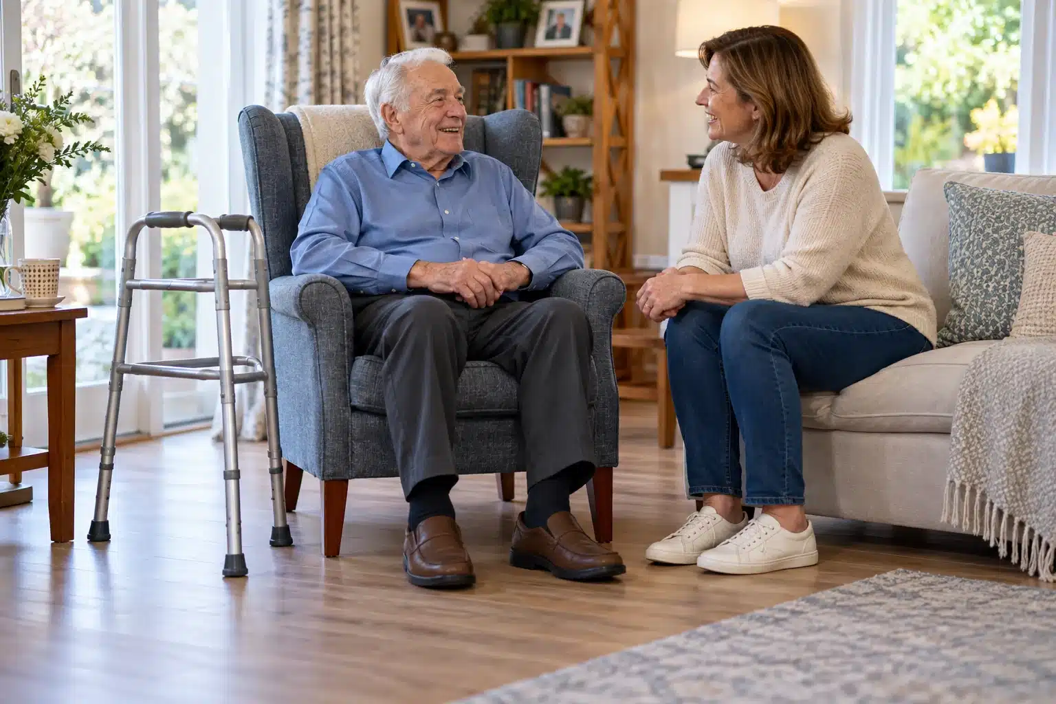 גבר בבית לצד הליכון ובן משפחה — המחשת AI