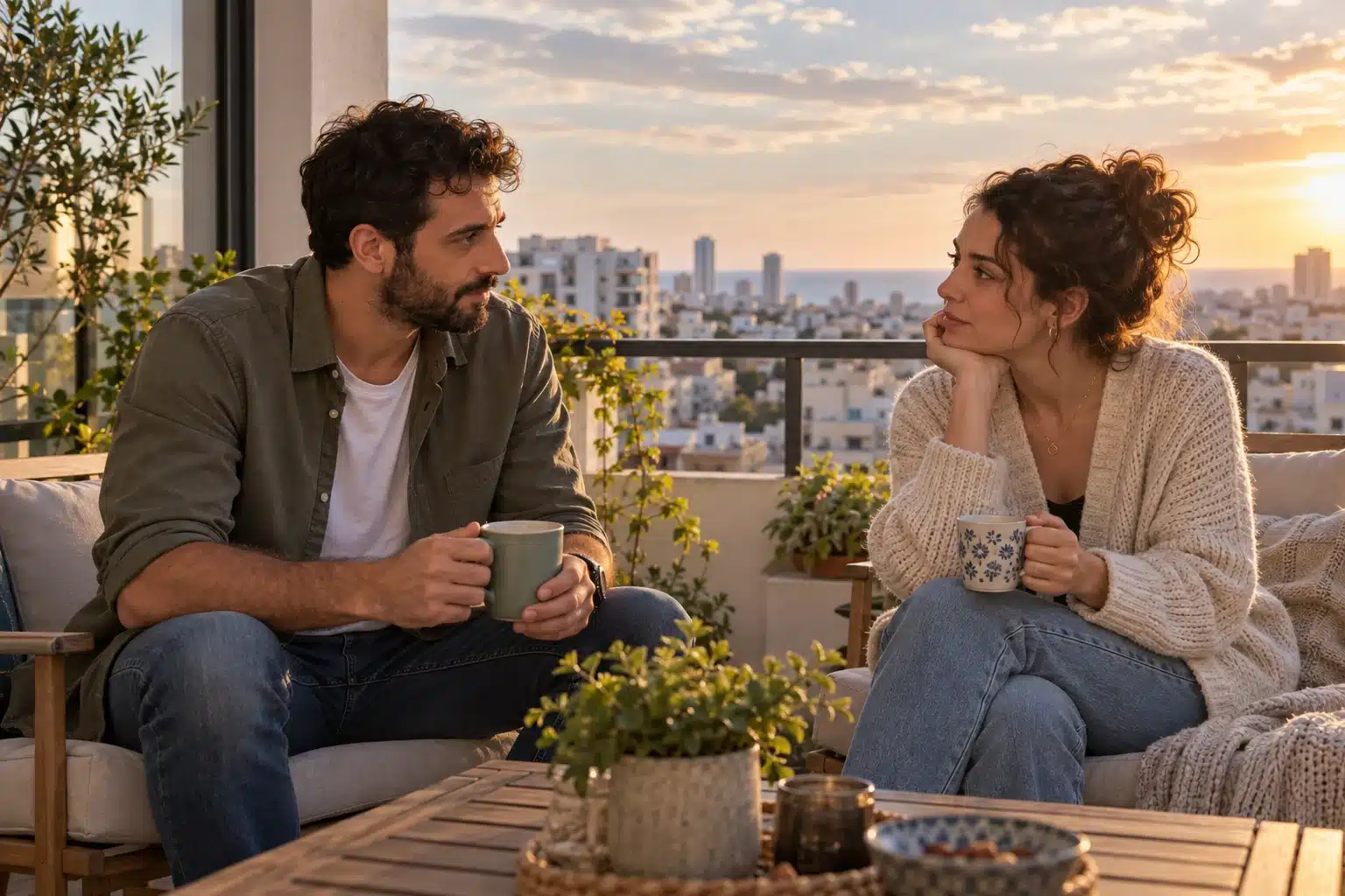 שיחה זוגית בבית בזמן החזרה לשגרה — המחשת AI