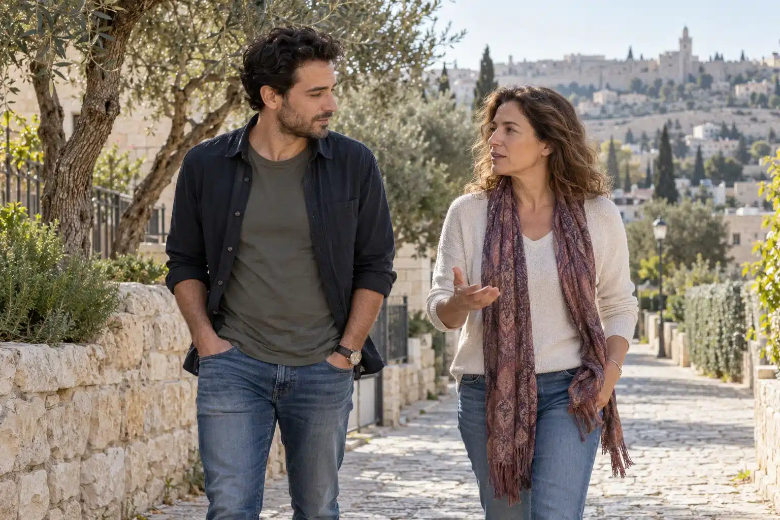 המחשה של שיחה תומכת בין שני אנשים במהלך הליכה