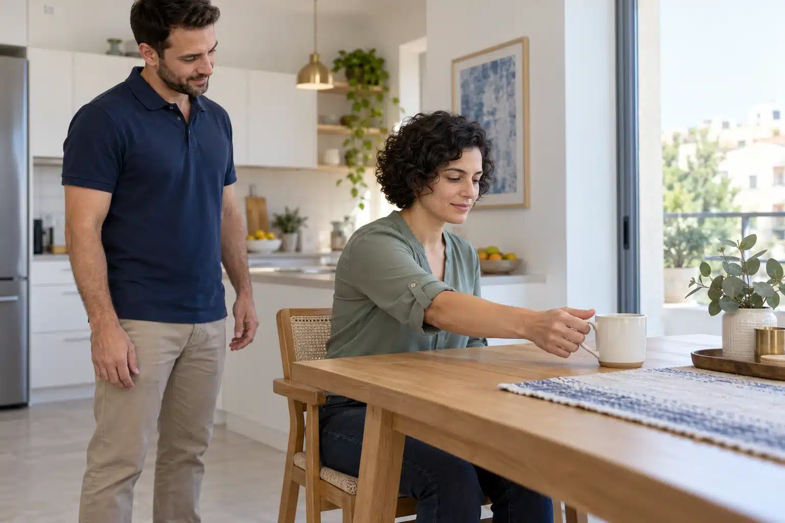 הושטת יד לספל בסביבה ביתית כחלק מתרגול תפקודי — המחשת AI