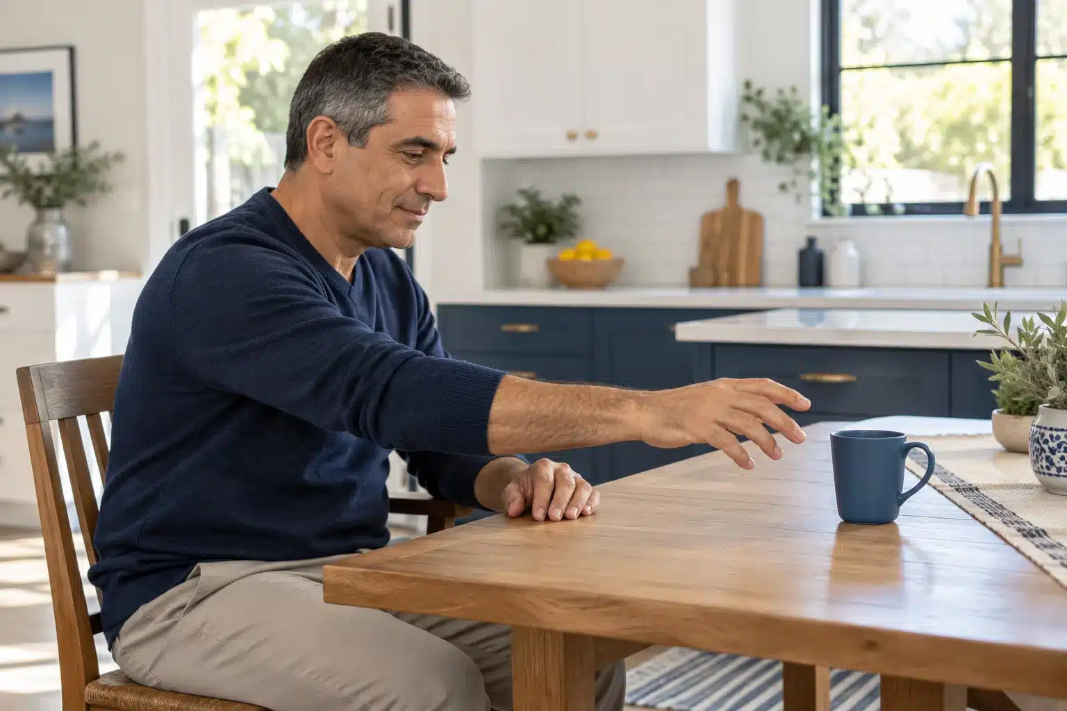 תרגול הושטת יד לכוס קלה בישיבה — המחשת AI