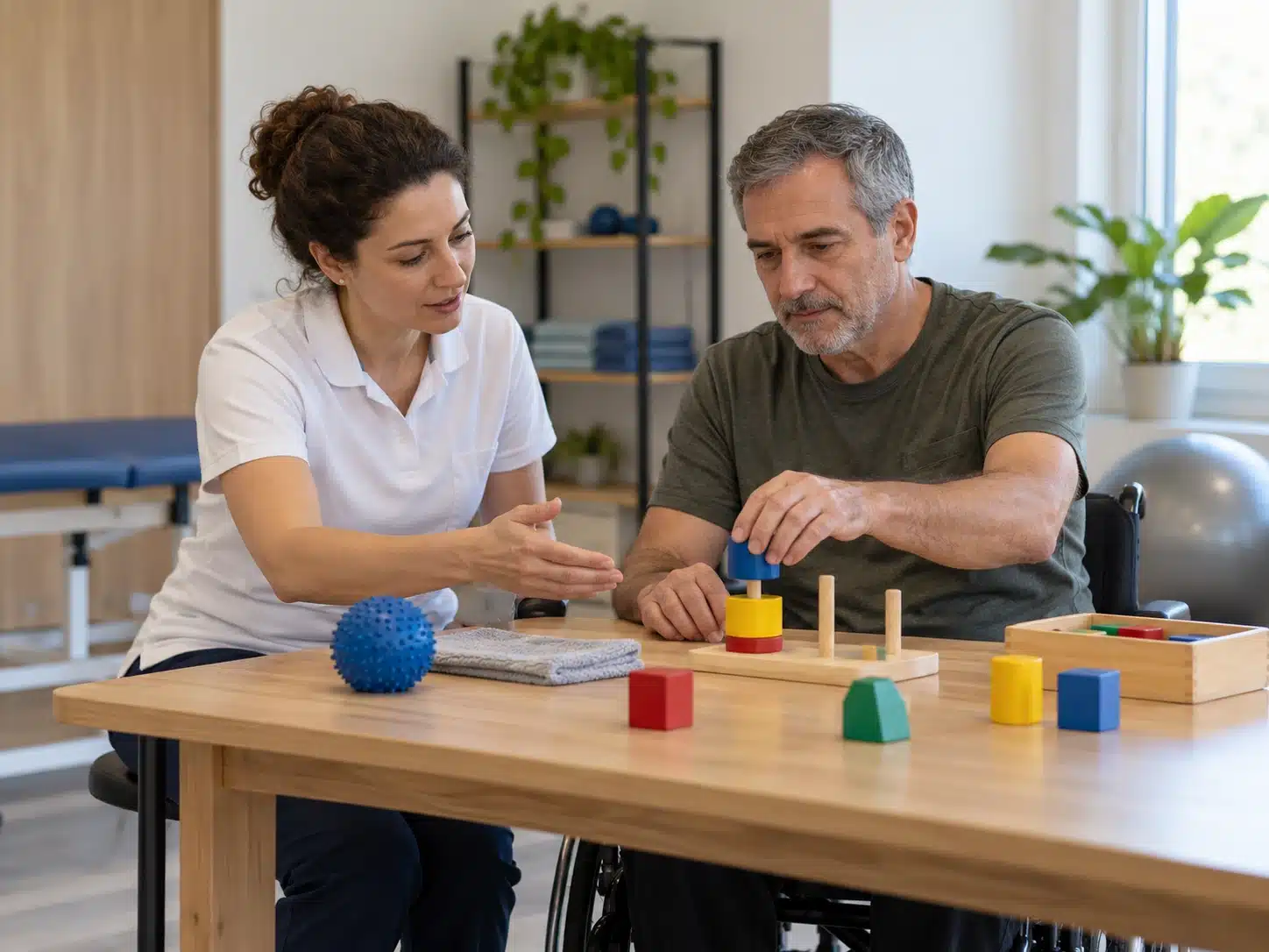 אשת מקצוע מסבירה תהליך שיקום למטופל ליד שולחן תרגול עם חפצים פשוטים, ללא איור מוח דמיוני