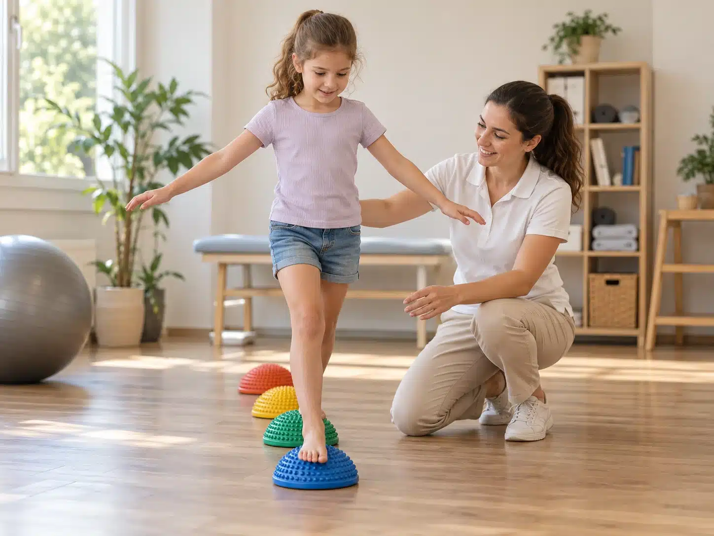 ילדה בגיל בית ספר מתרגלת עמידה ותנועה ליד פיזיותרפיסטית, רגליים גלויות ובגדי יום יום
