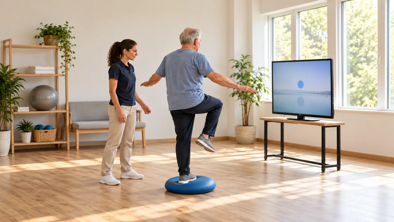 המחשת AI: תרגול שיווי משקל בליווי מטפלת ולצד מסך משוב