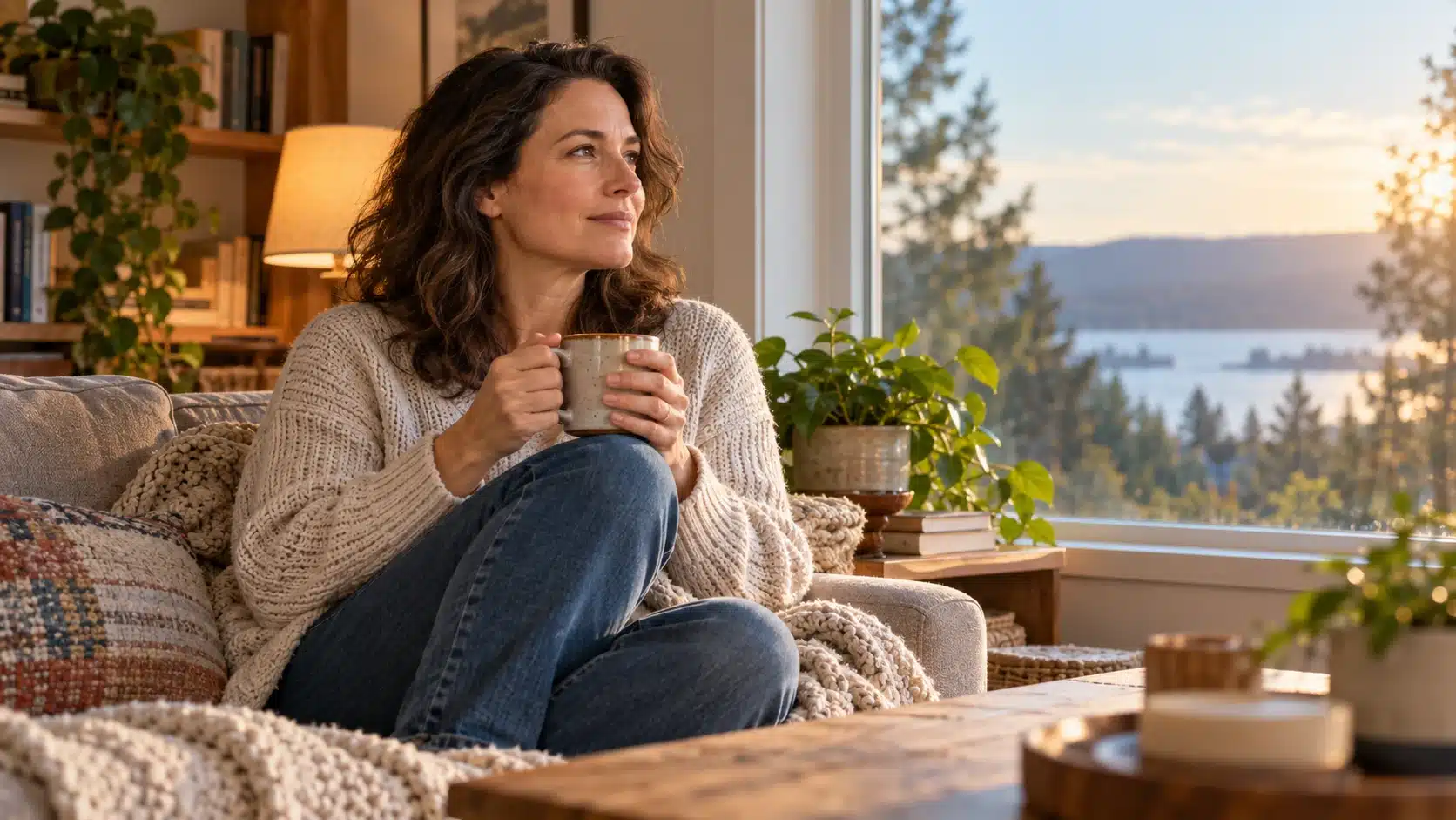 המחשת AI: אישה ברגע שקט בבית כהמחשה לחוסן נפשי