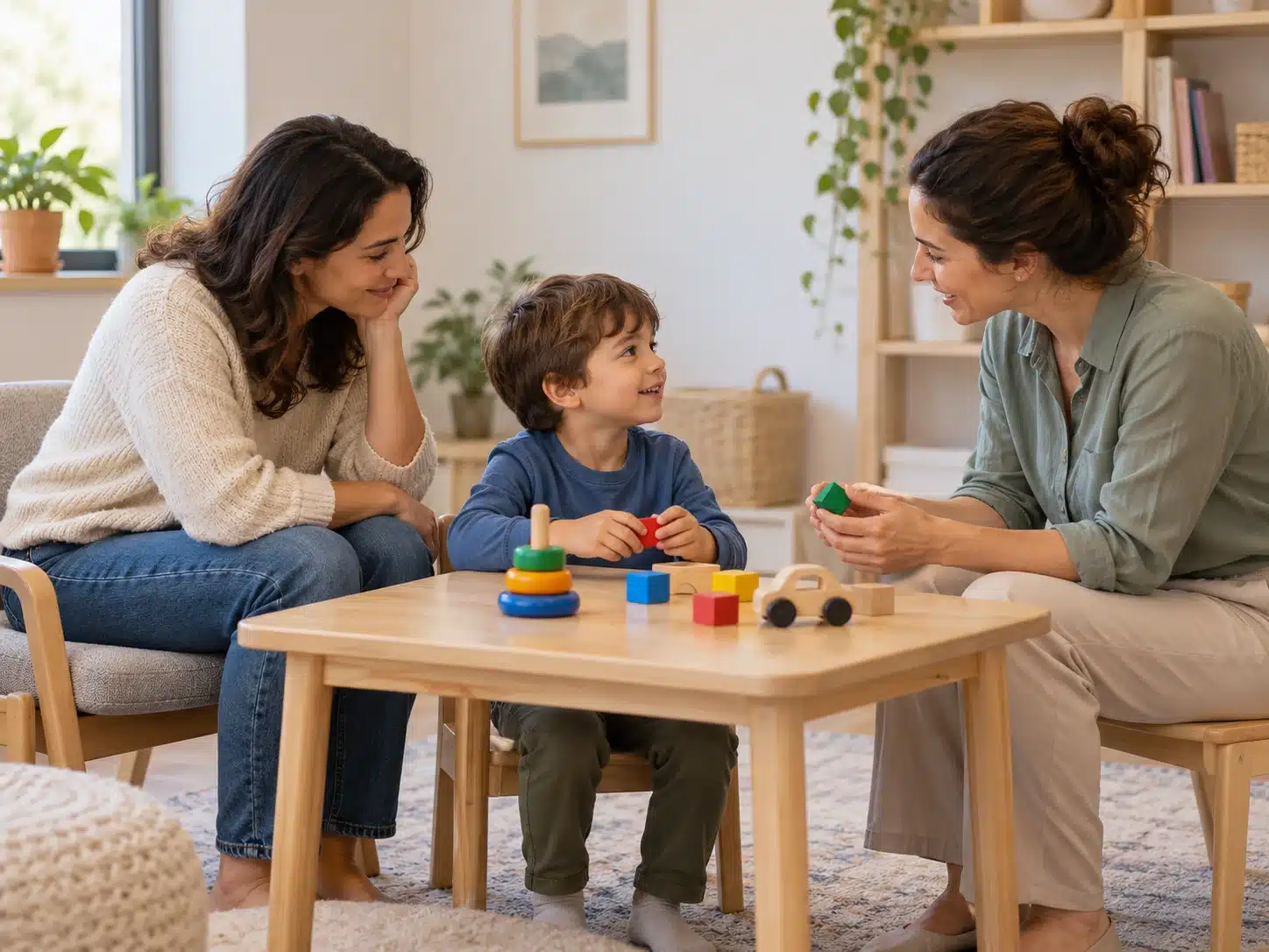 ילד משוחח ומשחק עם מטפלת והורה ליד שולחן קטן