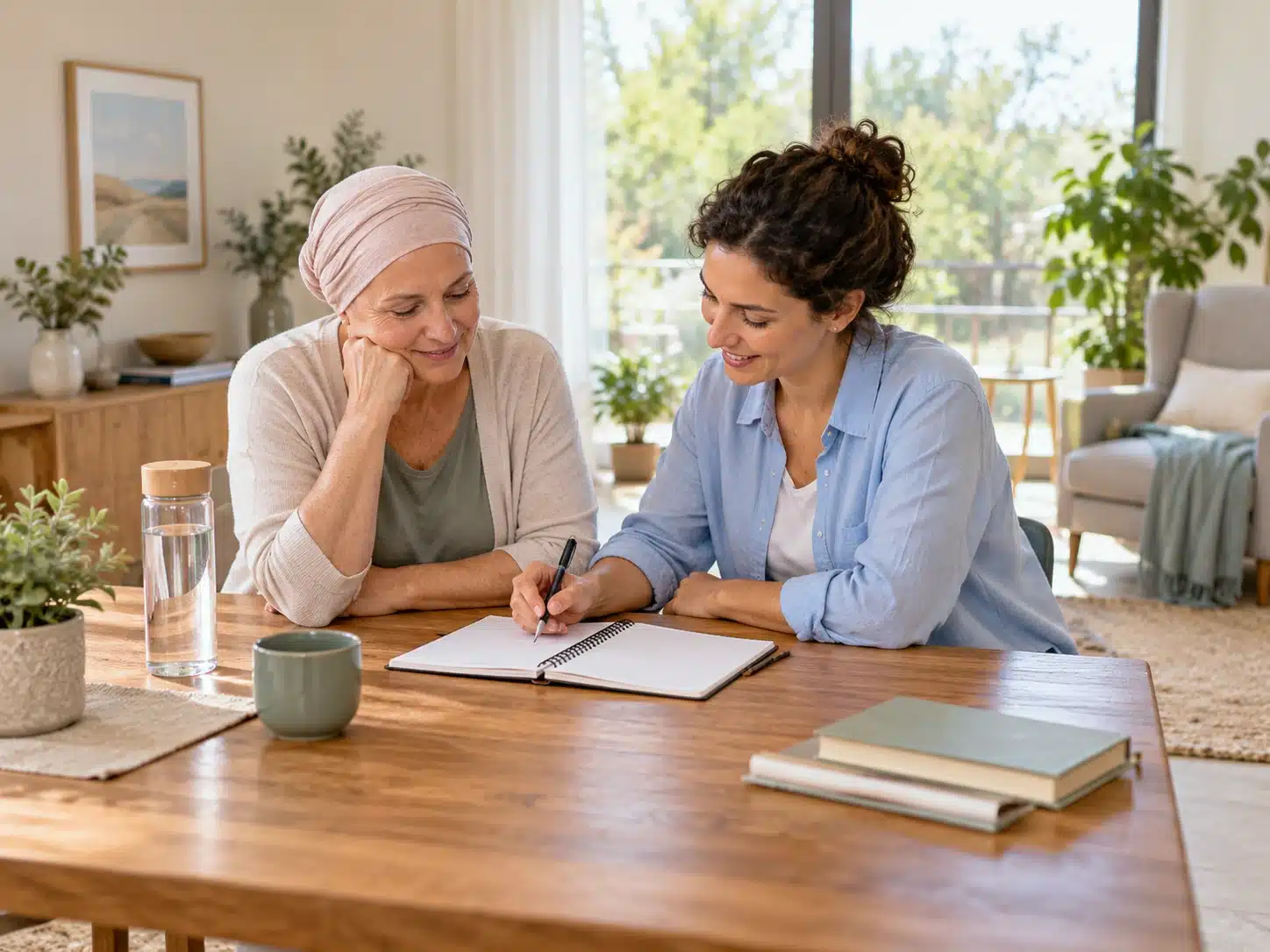 אישה בוגרת ואיש מקצוע בונים סדר יום עם מחברת פתוחה, בקבוק מים וכיסא למנוחה