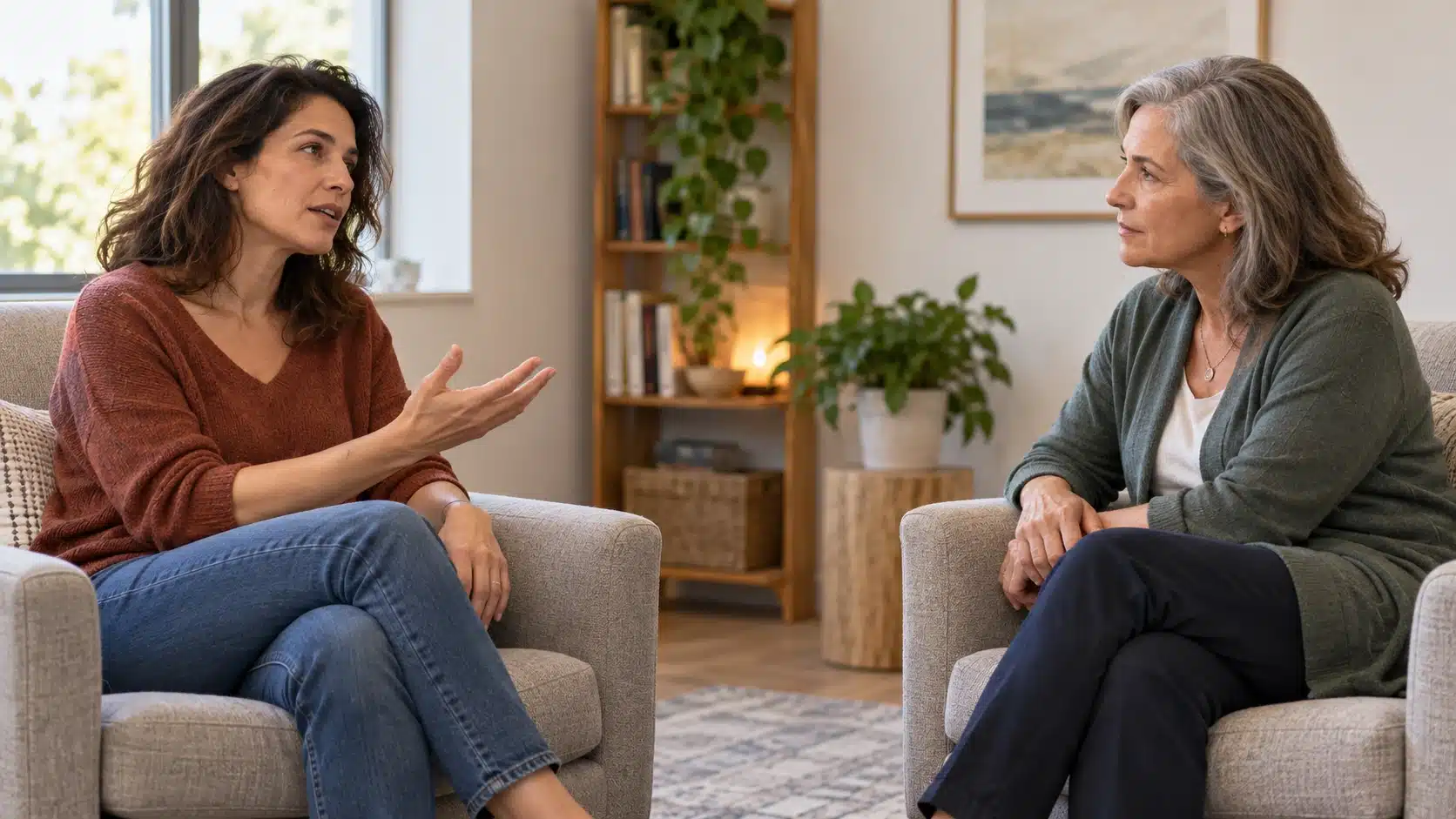 המחשת AI: מטופלת משוחחת עם מטפלת בפגישת היכרות
