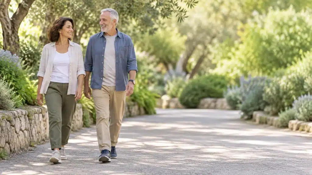 המחשת AI של שני אנשים בהליכה רגועה בשביל בפארק